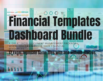 May include: A collage of colorful Excel spreadsheet dashboards with charts and graphs. The text "Financial Templates Dashboard Bundle" is in large, bold, black letters. The text "A great Excel document management package where you can manage your financial resources." is below the title. The text "17 Excel Template Same files with and without macros." is below the description.