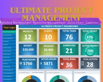 Ultimate Project Management Template, Resource Management, Gantt Chart, Risks Management, Excel Project managemet, Task tracker, Project Pla