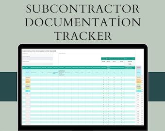 Puede incluir: Una hoja de cálculo en la pantalla de un portátil titulada "SUBCONTRACTOR DOCUMENTATION TRACKER". La hoja de cálculo es una lista de verificación para realizar un seguimiento de la documentación de los subcontratistas. La hoja de cálculo tiene columnas para las fechas, los nombres de los subcontratistas y los elementos de documentación. La hoja de cálculo también tiene una barra de progreso que muestra un 94% de finalización.