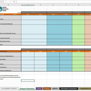 May include: A spreadsheet template for program planning with sections for program scope, program plan inputs, and completion notes. The spreadsheet is divided into columns for different phases of the program, with headings for each phase. The spreadsheet is designed to help users plan and manage their programs effectively.