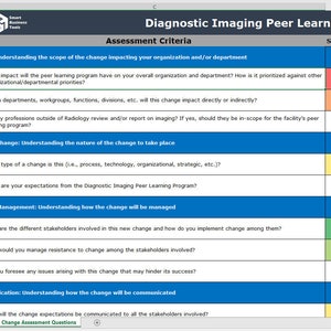Puede incluir: Un gráfico titulado "Diagnostic Imaging Peer Learning Program Change Assessment" con una tabla que enumera los criterios de evaluación y las instrucciones para un programa de gestión del cambio. El gráfico incluye un gráfico con una línea amarilla que representa la puntuación para cada criterio de evaluación.