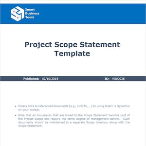 May include: A project scope statement template with the title "Project Scope Statement Template" and the text "Published: 02/10/2019" and "ID: VG00026". The template provides instructions on how to create links to referenced documents and how to use the template.