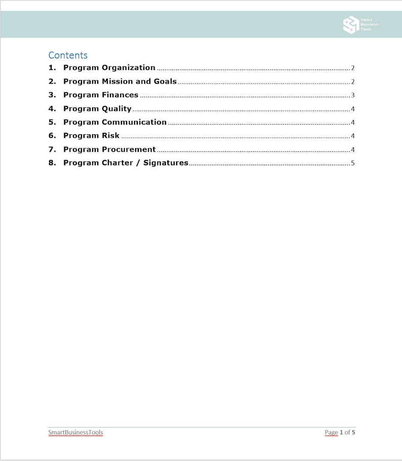 May include: A table of contents for a program charter, listing the sections: Program Organization, Program Mission and Goals, Program Finances, Program Quality, Program Communication, Program Risk, Program Procurement, and Program Charter / Signatures. The page number is 1 of 5.
