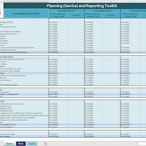 May include: A spreadsheet with a blue and white background, titled "Planning (Service) and Reporting Toolkit". The spreadsheet is divided into three columns, each labeled "Commodity/Service X", "Commodity/Service Y", and "Commodity/Service Z". Each column contains a list of tasks related to planning, tendering, awarding, implementing, and reviewing a service or commodity. The spreadsheet includes fields for the date of milestone completion, percentage complete, and comments.