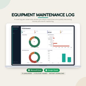 Equipment Maintenance Log Template, Preventive Maintenance Schedule Google Sheets Excel, Work Order and Service History, Digital Download
