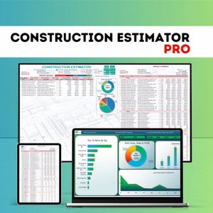 Könnte beinhalten: Digitales Interface einer Bau-Schätzungssoftware mit dem Text "CONSTRUCTION ESTIMATOR PRO". Die Oberfläche wird auf einem Tablet, Laptop und Monitor angezeigt und zeigt Daten, Diagramme und Prozentsätze.