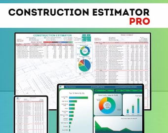 May include: A digital display of a construction estimator software interface, with the text "CONSTRUCTION ESTIMATOR PRO" at the top. The interface is shown on a tablet, laptop, and monitor, displaying charts and data.