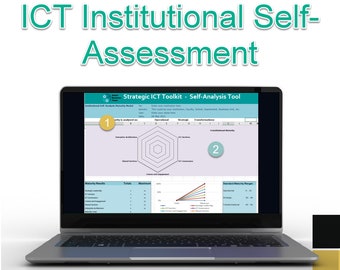 Può includere: Un laptop argentato mostra un foglio di calcolo intitolato "Strategic ICT Toolkit - Self-Analysis Tool". Lo schermo mostra un diagramma esagonale e un grafico a linee, con il testo "ICT Institutional Self-Assessment" in alto. Il laptop è su sfondo bianco.