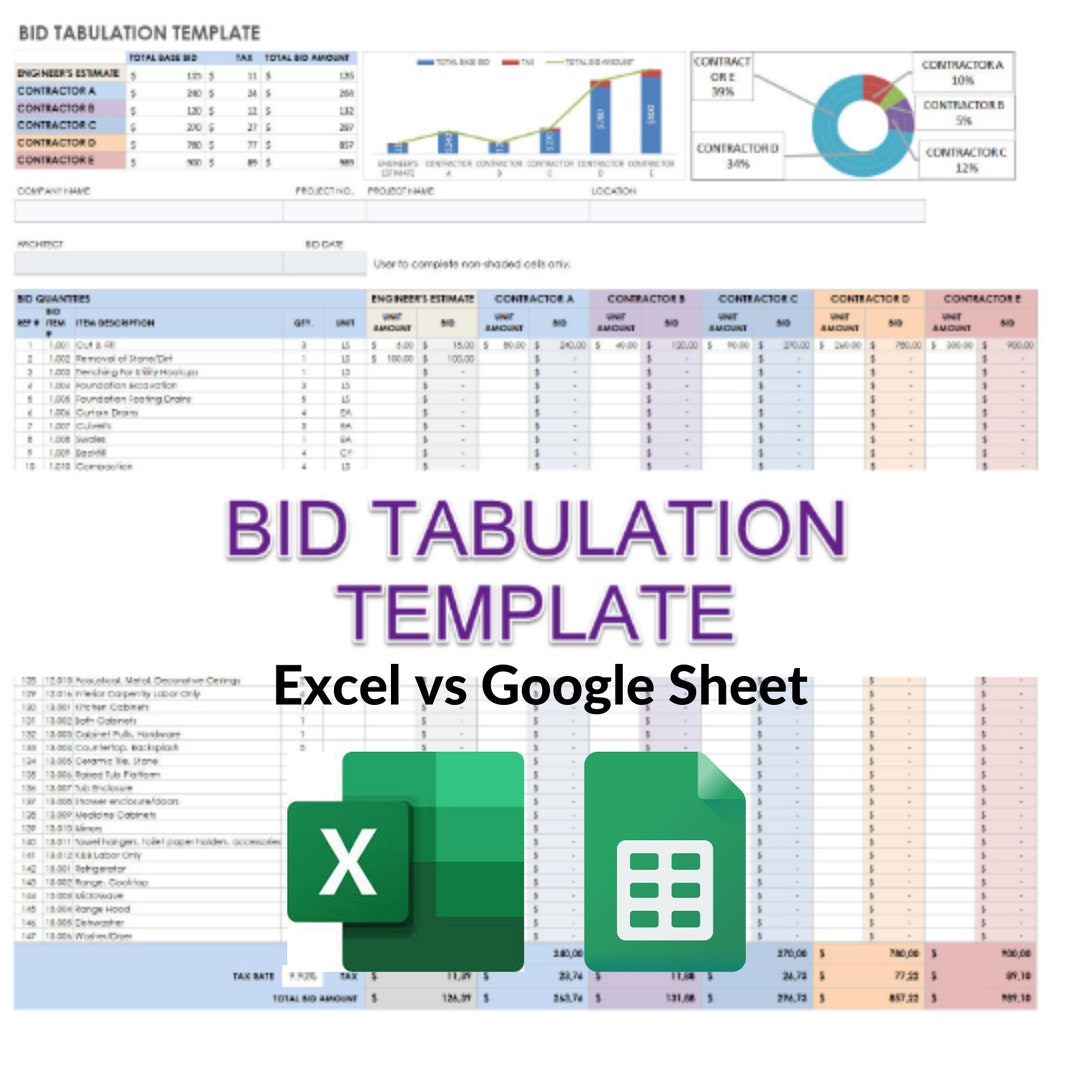 Bid Tabulation Detailed, Contractor Pricing Excel Template Bid Tabulation Detailed, Contractor Pricing Excel Template