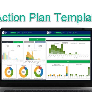 May include: A laptop screen displaying a dashboard with the title "Action Plan Template". The dashboard shows various charts and graphs with data related to actions, progress, and status. The dashboard is divided into sections with titles like "All" and "Full edit".