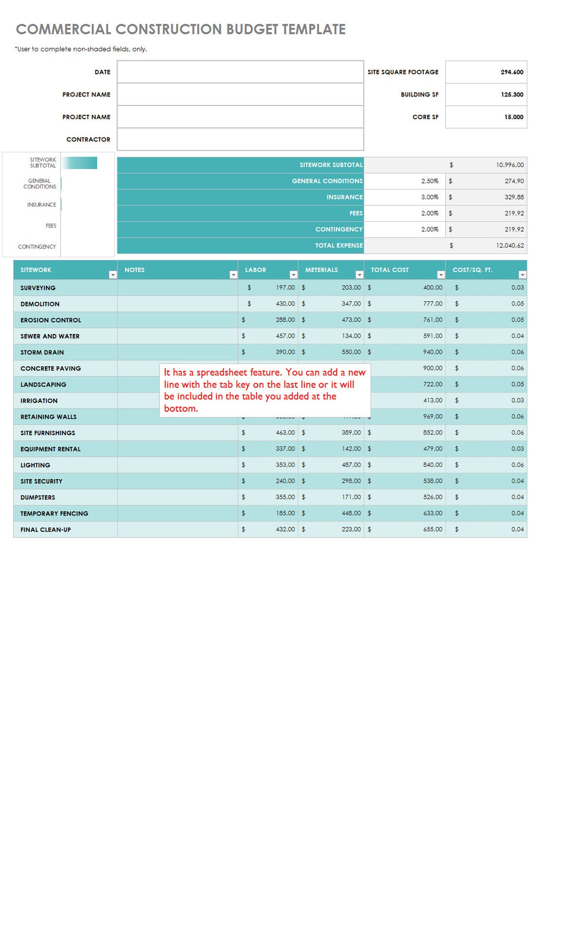 Construction Cost Estimate Template, Contractor Estimate Planner