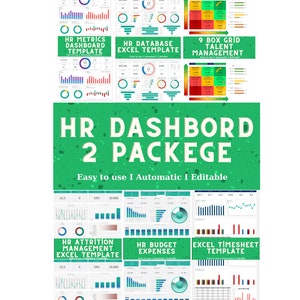 May include: A green and white image with the text "HR Dashboard 2 Package" in large, bold letters. The image shows a collection of colourful charts and graphs, including pie charts, bar graphs, and line graphs. The text "Easy to use I Automatic I Editable" is below the title.