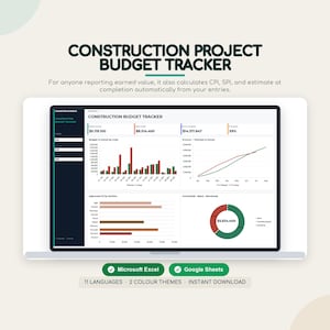 May include: A digital construction project budget tracker dashboard displayed on a screen. The interface features bar charts, a line graph, and a pie chart showing financial data. Text includes "CONSTRUCTION PROJECT BUDGET TRACKER," "Microsoft Excel," and "Google Sheets."
