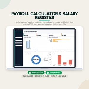 Peut inclure: Un tableau de bord numérique de calcul de paie et de registre des salaires affiché sur un écran. L'interface présente des graphiques, des diagrammes et des tableaux de données pour suivre les salaires, les taxes et les coûts par département.