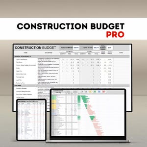 Könnte beinhalten: Digitale Anzeige einer Bau-Budget-Tabelle auf einem Laptop, Tablet und Monitor. Der Text "CONSTRUCTION BUDGET PRO" wird oben angezeigt. Die Tabelle enthält Spalten für Artikel, Beschreibungen, Mengen und Kosten.