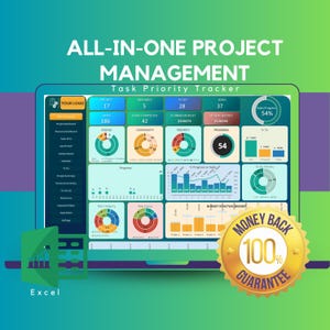 Puede incluir: Una pantalla de portátil que muestra un panel de gestión de proyectos con gráficos y visualizaciones de datos. El texto dice "ALL-IN-ONE PROJECT MANAGEMENT" y "Task Priority Tracker". También es visible un sello dorado con "MONEY BACK 100% GUARANTEE".