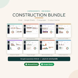 Puede incluir: Un paquete digital de construcción con 8 hojas de cálculo para Excel y Google Sheets. La imagen muestra miniaturas de estimador de costos, comparación de ofertas, registro diario, lista de pendientes, presupuesto y control de seguridad.