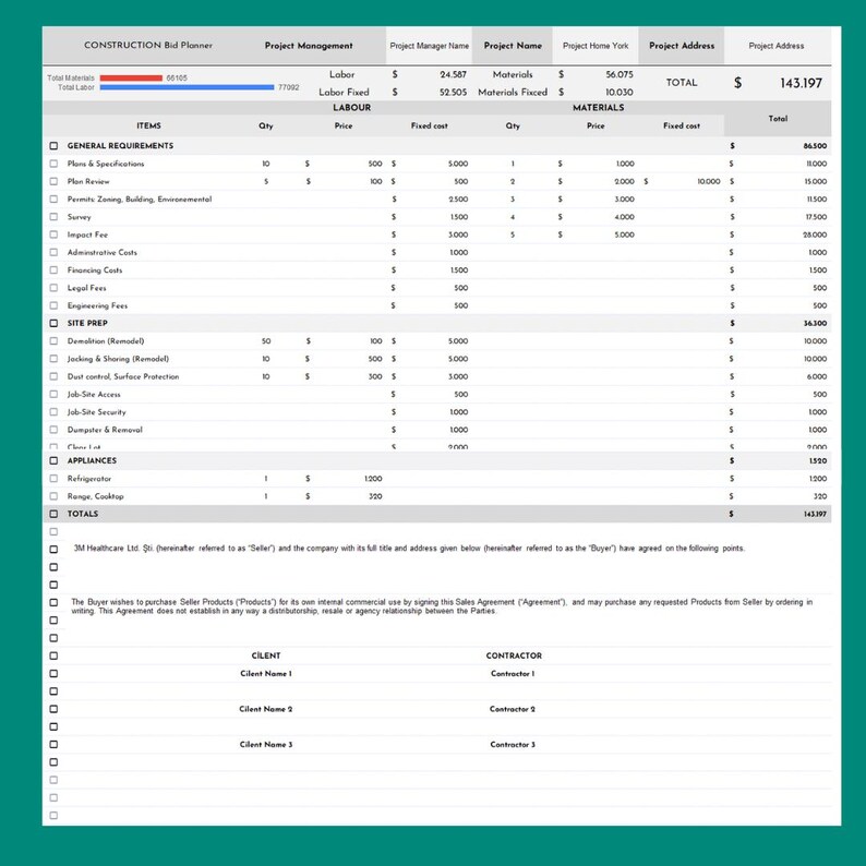 Construction Bid Planner Excel & Google Sheets | Estimate, Budget ...