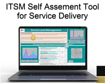 Può includere: Uno schermo di un computer portatile che mostra uno strumento di autovalutazione per la gestione dei servizi IT (ITSM). Lo strumento include una sezione sulla gestione dei livelli di servizio con una spiegazione preliminare, un grafico e un diagramma a ragnatela. Il titolo dello strumento è "ITSM Self Assessment Tool for Service Delivery".