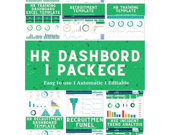 Può includere: Un'immagine verde e bianca con il testo "HR DASHBORD 1 PACKEGE" e le parole "Easy to use I Automatic I Editable". L'immagine mostra una raccolta di diversi dashboard HR, tra cui il dashboard di formazione HR, il modello di reclutamento, il modello di dashboard di reclutamento HR, l'imbuto di reclutamento e l'analisi delle tendenze degli incidenti HSE.