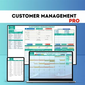 May include: A digital customer management system displayed on a laptop, tablet, and monitor. The screens show data entry forms and a calendar for appointment and interaction management. The text "CUSTOMER MANAGEMENT PRO" is at the top.