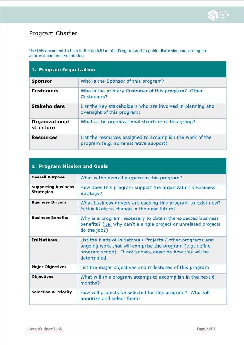 May include: A program charter template with a table outlining the key elements of a program, including program organization, mission and goals, supporting business strategies, business drivers, business benefits, initiatives, major objectives, objectives, and selection and priority.