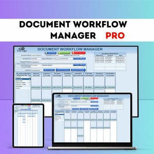 May include: A digital document workflow management system displayed on a monitor, tablet, and laptop. The interface features a blue and white colour scheme with text that reads "Document Workflow Manager PRO". The tablet and laptop are positioned in front of the monitor.