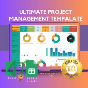 Op de afbeelding: Een computerscherm met een projectmanagement sjabloon met grafieken en diagrammen. De sjabloon is ontworpen voor gebruik met Excel en Google Sheets. Het scherm is omgeven door een gouden ster met de tekst "Geld terug garantie 100 %".