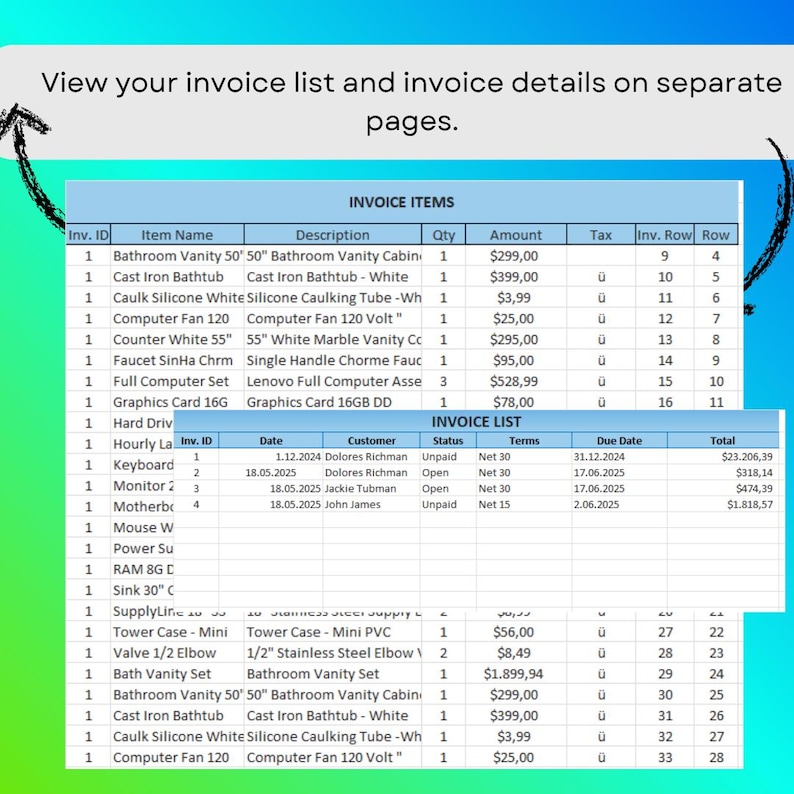 Multi Page Invoice Example.pdf Multi-page Invoice Excel Template | Printable Billing & Client Tracker ...
