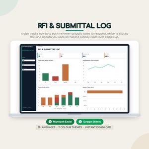 May include: A digital RFI and Submittal Log dashboard displayed on a laptop screen. The interface features data visualizations including bar charts and line graphs in green, red, and orange, with text labels for tracking project response times.