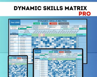 Puede incluir: Una matriz de habilidades digitales que se muestra en una tableta, un portátil y un monitor. La matriz es una hoja de cálculo con filas para proyectos y empleados, y columnas para habilidades. El texto "DYNAMIC SKILLS MATRIX PRO" está en la parte superior.