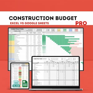Puede incluir: Una visualización digital de una hoja de cálculo de presupuesto de construcción en una computadora portátil, tableta y monitor. Se muestra el texto "CONSTRUCTION BUDGET" y "EXCEL VS GOOGLE SHEETS". La palabra "PRO" también es visible.