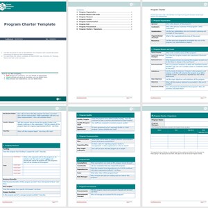 May include: A program charter template with sections for program organization, mission and goals, quality, communication, risk, procurement, and program charter/signatures. The template is designed to help define a program and guide discussion.