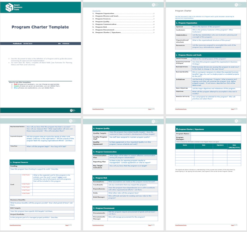 May include: A program charter template with sections for program organization, mission and goals, quality, communication, risk, procurement, and program charter/signatures. The template is designed to help define a program and guide discussion.