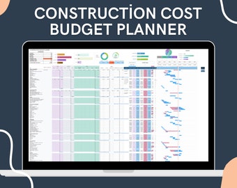 Puede incluir: Una pantalla de computadora portátil que muestra una hoja de cálculo con el título "Construction Cost Budget Planner". La hoja de cálculo incluye un desglose del presupuesto, un diagrama de Gantt y varios gráficos.