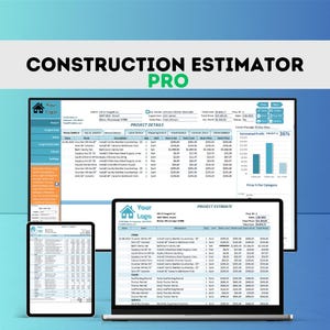 Può includere: Uno screenshot di uno schermo di computer che mostra un programma software di stima per la costruzione. Il programma viene utilizzato per creare stime per progetti di costruzione. Il software include una sezione di dettagli del progetto, una sezione di stima del progetto e un grafico del margine di profitto. Il programma si chiama "Construction Estimator Pro".