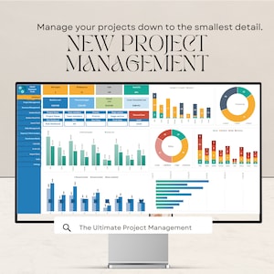 May include: A computer screen displaying a project management dashboard with charts and graphs. The dashboard includes data on tasks, risks, budget, and progress. The text "The Ultimate Project Management" is displayed at the bottom of the screen.