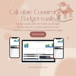May include: A laptop computer screen displaying a construction budget worksheet template. The template includes a bar graph, a table with columns for job name, job date, job phone, estimate budget, and total. The screen also includes the text "CONSTRUCTION BUDGET WORKSHEET TEMPLATE" and "SmartBusinessTools".