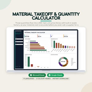 May include: A digital material takeoff and quantity calculator dashboard displayed on a laptop screen. The interface features bar charts, a pie chart, and numerical data fields for cost analysis, compatible with Microsoft Excel and Google Sheets.