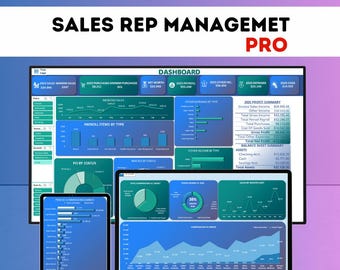 Puede incluir: Un panel digital con datos financieros que se muestran en una tableta, un portátil y un monitor. Las pantallas muestran gráficos, gráficas y resúmenes financieros. El texto "SALES REP MANAGEMET PRO" está en la parte superior.