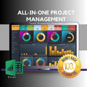 May include: A project management dashboard displayed on a screen, featuring charts and graphs. The interface shows data visualizations, including progress indicators and financial metrics. The text "ALL-IN-ONE PROJECT MANAGEMENT" is at the top, with a "Money Back Guarantee" badge.