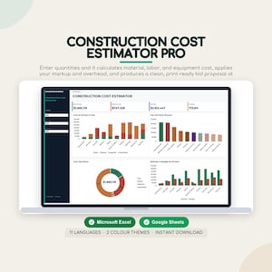 Op de afbeelding: Een digitaal dashboard getiteld Construction Cost Estimator Pro weergegeven op een laptopscherm. De interface bevat staafdiagrammen, een cirkeldiagram en financiële gegevensvelden voor materiaal-, arbeids- en apparatuurkosten, compatibel met Microsoft Excel en Google Sheets.