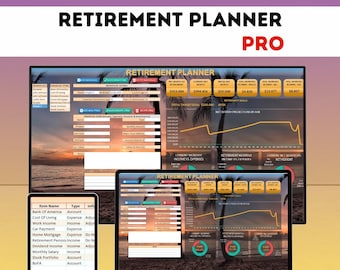 Puede incluir: Un planificador de jubilación digital que se muestra en una computadora portátil, una tableta y un monitor. Las pantallas muestran datos financieros, gráficos y el texto "RETIREMENT PLANNER PRO". El fondo presenta una escena de playa.