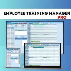Könnte beinhalten: Ein Tablet, ein Laptop und ein Monitor zeigen die Oberfläche "EMPLOYEE TRAINING MANAGER PRO". Die Bildschirme zeigen ein blau-weißes Tabellenkalkulationslayout, wobei der Titeltext fett schwarz und rot ist.