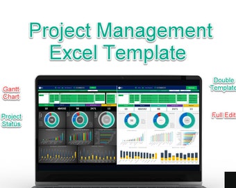 Può includere: Uno schermo di computer portatile che mostra un modello Excel per la gestione dei progetti con un diagramma di Gantt, lo stato del progetto e altre visualizzazioni dei dati. Il modello è diviso in due sezioni, ciascuna con un set diverso di grafici e tabelle. Il modello è progettato per aiutare gli utenti a tenere traccia e gestire i propri progetti in modo efficace.