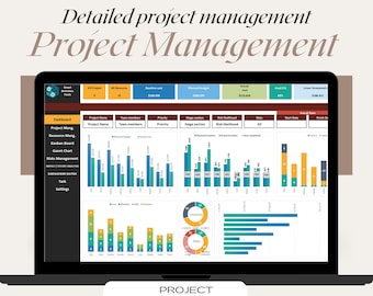 Può includere: Uno schermo di laptop che mostra un cruscotto di gestione del progetto con grafici e diagrammi. Il cruscotto include sezioni per il nome del progetto, i membri del team, la priorità, la sezione di fase, la probabilità di rischio, la data di inizio, la data effettiva e la data di fine. Il cruscotto è intitolato "Gestione del progetto".
