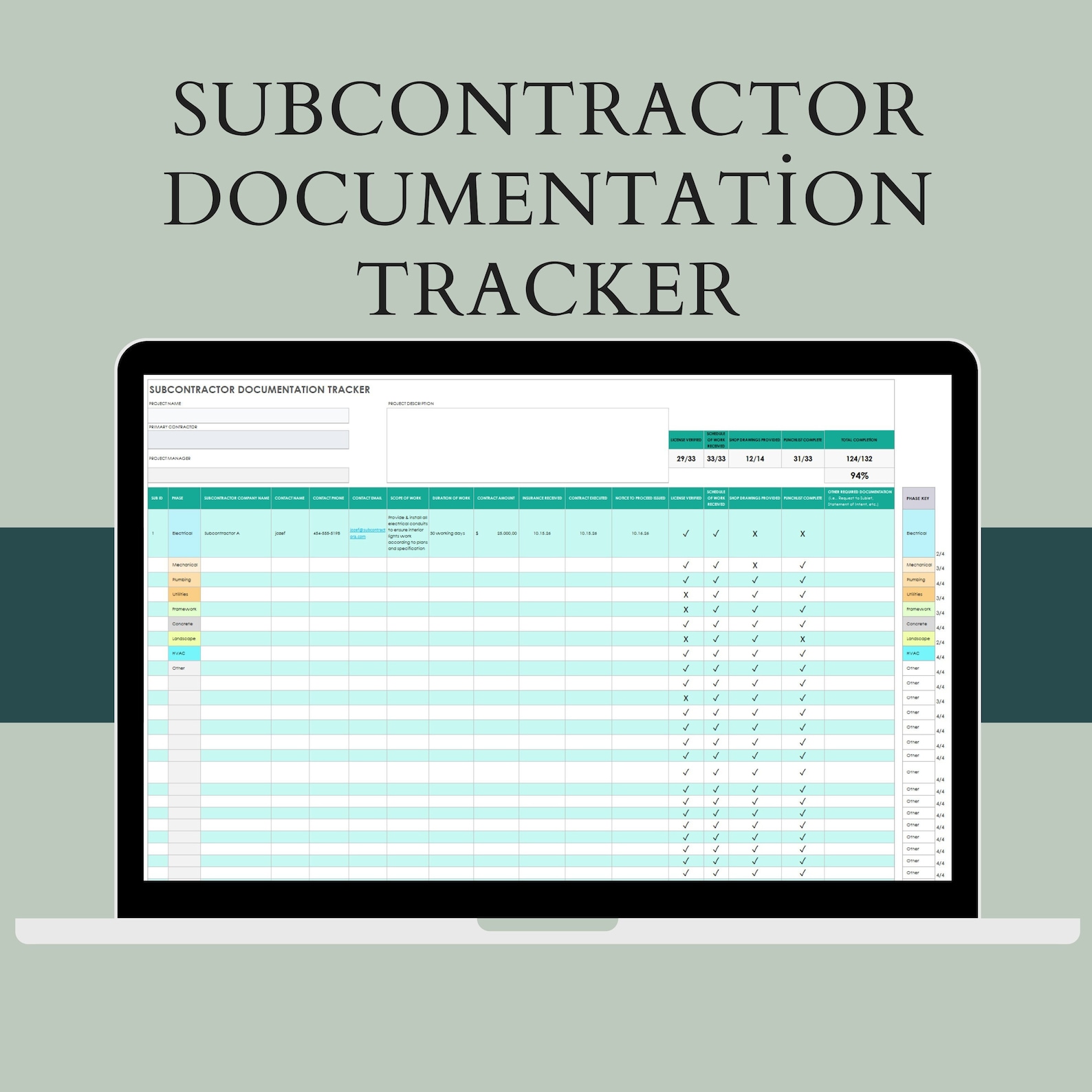 Construction Subcontractor Documentation Tracker Worksheet - Etsy