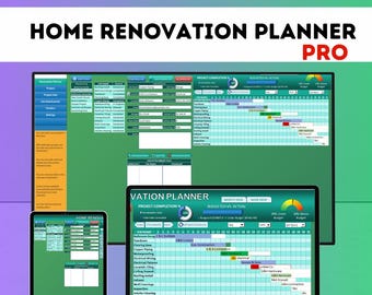 Puede incluir: Un planificador digital de renovación del hogar que se muestra en una tableta, una computadora portátil y un monitor. Las pantallas muestran la finalización del proyecto, el presupuesto y otros detalles. El texto "HOME RENOVATION PLANNER PRO" está en la parte superior.
