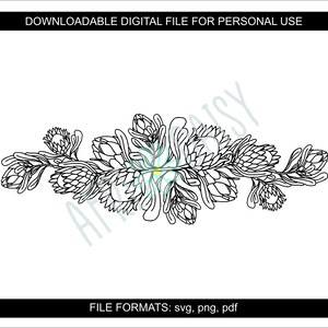 May include: Black and white line art illustration of a symmetrical floral arrangement featuring protea flowers. The design is perfect for crafting projects, invitations, and home decor.