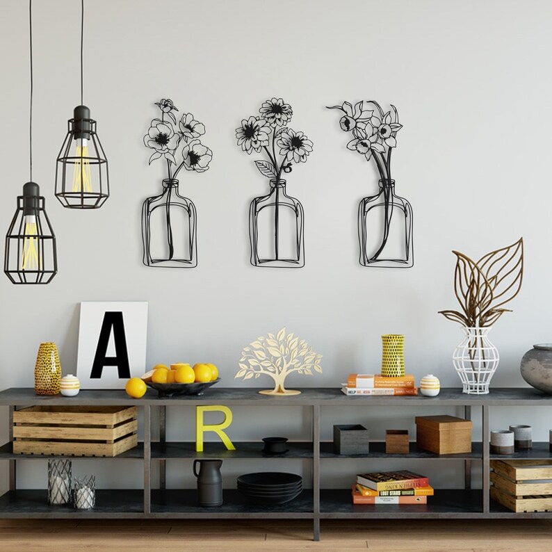 Flower With Vase Metal Wall Artmetal Wall Sculpture Metal Etsy